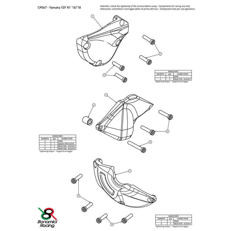 YAMAHA R1 KIT PROTECTION CARTER COTE GAUCHE ET DROIT ALU TAILLE MASSE BONAMICI
