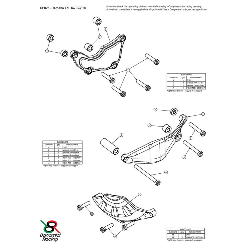 YAMAHA R6 KIT PROTECTION CARTER COTE GAUCHE ET DROIT ALU TAILLE MASSE BONAMICI